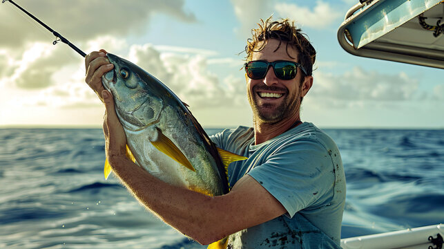 Happy Man Holding a Large Fish After a Successful Deep Sea Fishing Trip