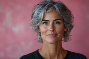 Fototapeta premium Mature woman with short grey hair looking at camera and smiling against pink background.