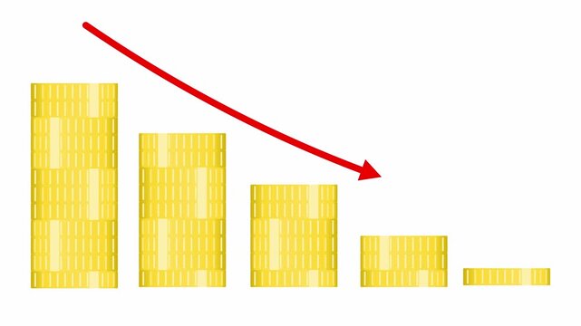 golden coin pile, Bar chart for declining business performance. The red statistical curve shows a downward move, with the arrow line declining over time. Business money decline from high to zero.