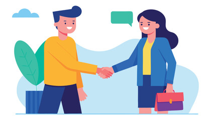 Obraz premium Man and woman shaking hands vector illustration. Business partnership concept design