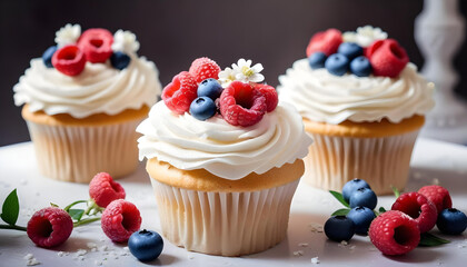 Cupcakes topped cream and fresh berries raspberries blueberries and blackberries 7
