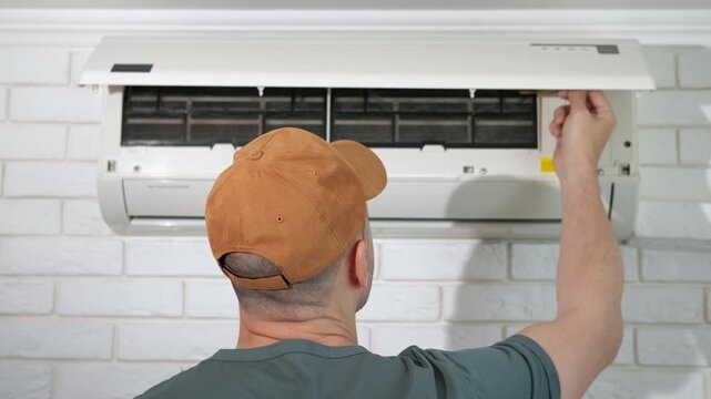 Man with hygiene conditioner problems. A view of man try to takes care of dusty and broken conditioner on the wall at home.