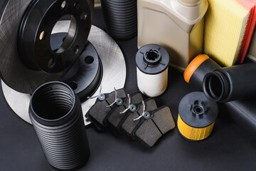 Auto parts. Spare parts for the repair of cars. Top view.