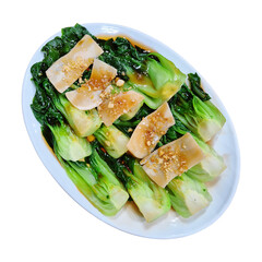 Bok Choy stir-fried with oyster sauce and topped with abalone mushrooms.