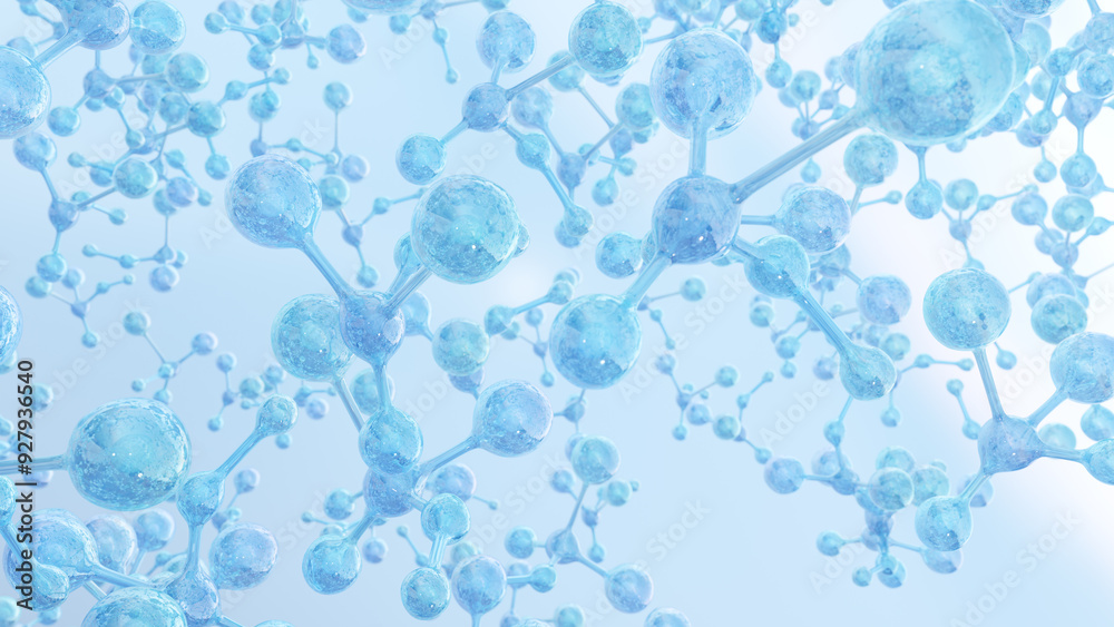 Aufkleber cosmetics include several atoms and float in the water. 3d render transparent balls, holographic liq