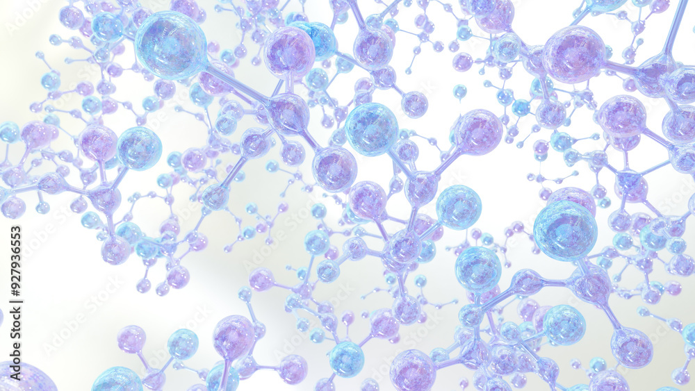 Poster cosmetics include several atoms and float in the water. 3d render transparent balls, holographic liq