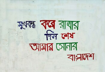 Fototapeta premium Graffiti art after the one step movement victory in Bangladesh. Students of various educational institutions brought out graffiti programmes in Dhaka university areas of Dhaka, Bangladesh
