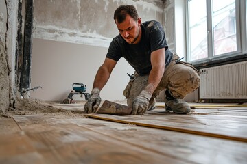 Professional craftsman installing parquet or laminate flooring during a home renovation project