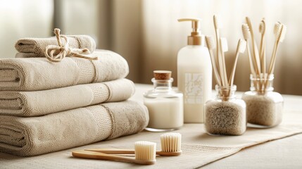 Luxurious beige spa set with towels and eco-friendly bamboo accessories. Photorealistic lighting.