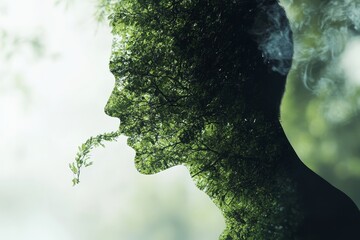 Man breathes pure oxygen from green tree, illustrating eco conscious harmony in nature