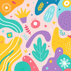 Vibrant abstract pattern featuring colorful shapes, leaves, and flowers, perfect for adding a whimsical and modern touch to your projects.