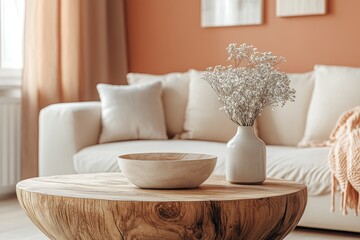 Fototapeta premium Trendy peach minimal living room close up of wooden coffee table near sofa in stylish interior