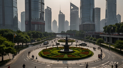Modern City buildings in shanghai square and bridge at nigth
