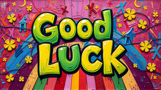 “Good Luck” text in a quirky, cartoonish font on a rainbow background with lucky symbols. Generative AI