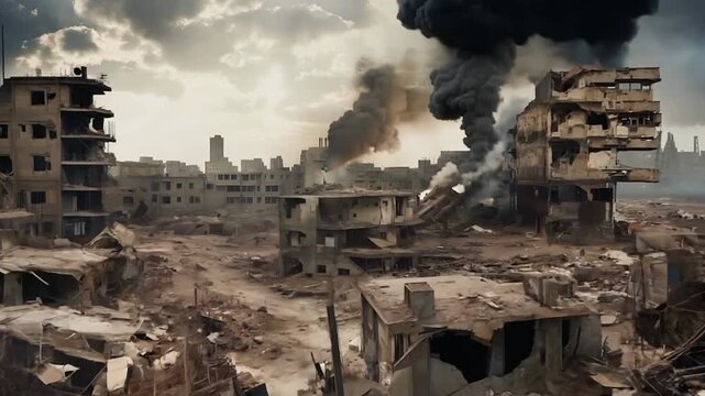 War torn city in destruction burning
