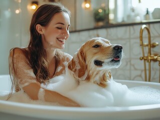 Woman bathing golden retriever in stylish bathroom, dog surrounded by bubbles, positive vibes