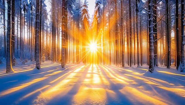 Sunlight Through Snowy Forest, Winter Landscape With Sunrays Shining Through Snow Covered Trees