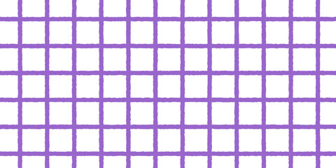 Checkered gingham pattern painting by brush or crayon. Plaid, tablecloth or napkin texture in hand drawn technique. Purple crossed uneven lines. Minimalist aesthetic print. Vector flat illustration.