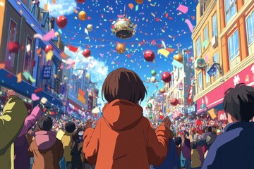 Fototapeta premium Anime-Style New Year's Eve Celebration: Enchanted Town Gathers for the Joyous Chimes and Festive Commemoration in a Whimsical Illustration