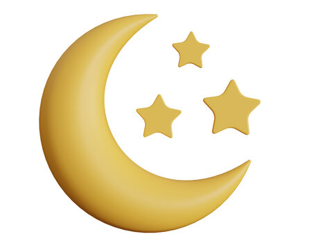 3d cute icon of a moon with stars on isolated transparent background