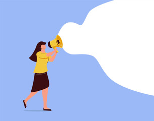 Advertising and promotion concept. Woman cartoon character standing and shouting in loudspeaker or megaphone