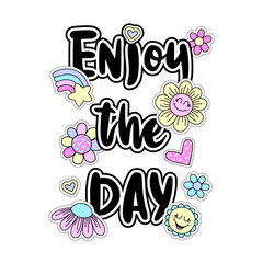 Obraz premium Design for t-shirts with cute stickers and slogan. Lettering word and badges for girl. Fashion illustration in modern style for clothes on white background.
