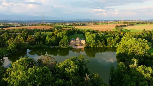 Monrepos Lake Castle reflected in Lake Eglosheim, aerial view, Ludwigsburg, Baden-W&uuml;rttemberg, Germany, Europe