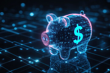 AI in financial management systems: budgeting apps, investment platforms, and personalized savings strategies, featuring a digital blue piggy bank with a dollar "$" icon incorporating binary code