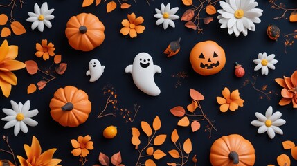 Fototapeta premium A festive autumn display featuring pumpkins, playful ghosts, and bright daisies on a dark surface surrounded by fall leaves and berries. Generative AI