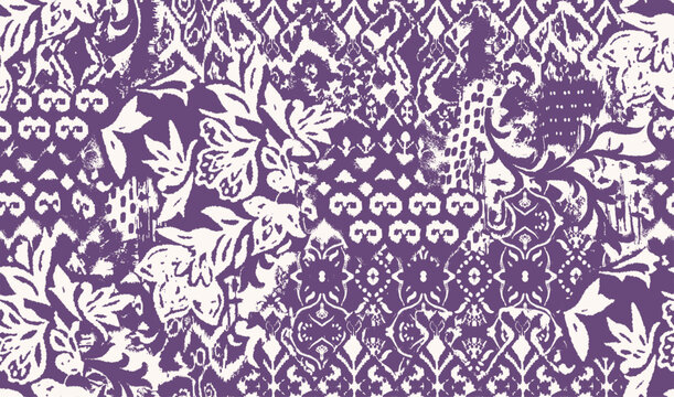 Patchwork floral pattern with ikat style and hand made motifs. damask style pattern for textil and decoration.