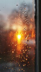 Golden Sunset Through a Rainy Window Water Drops Create a Romantic, Abstract Background