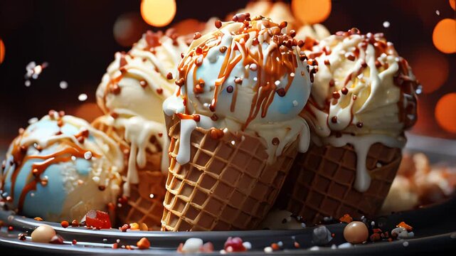 Delicious ice cream cones in a row with a blurred background of a dessert