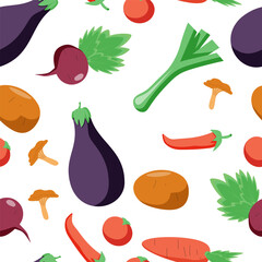 Vegetable seamless pattern with cute hand drawing. Fruits and vegetables flat hand drawn seamless pattern. Healthy