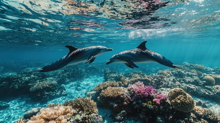 Naklejka premium Two Dolphins Swimming Through a Coral Reef.