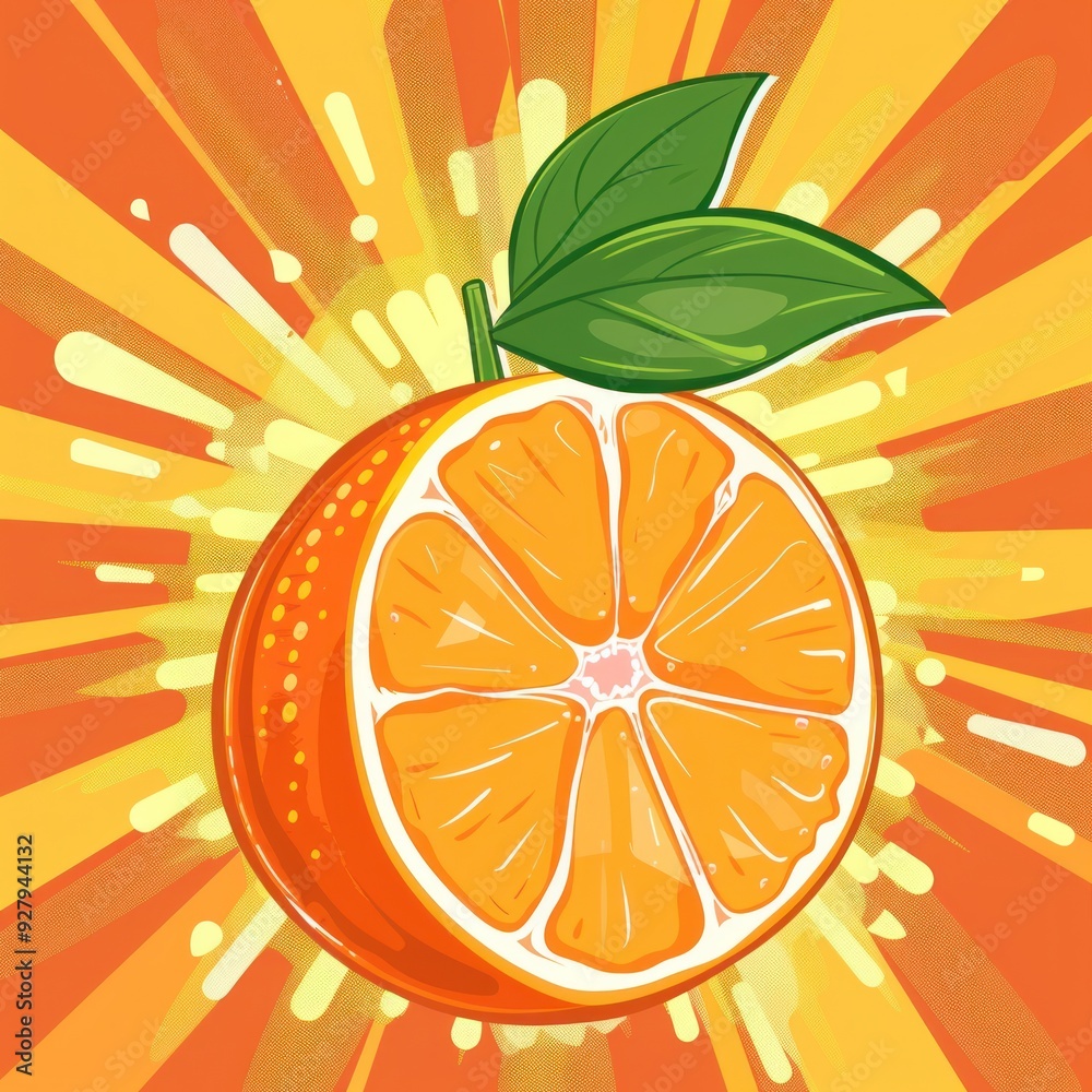 Wall mural a vibrant illustration of an orange with a slice and green leaves, radiating energy.