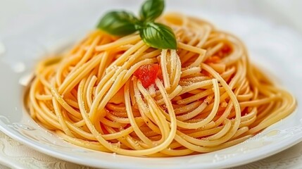 Delicious Italian Spaghetti with Tomato Sauce, Parmesan Cheese, and Basil Garnish on White Plate.