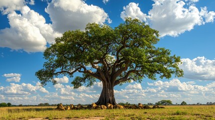 Obraz premium Lions Resting Under a Tree in the African Savanna.