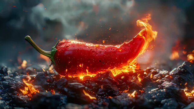 A red bell pepper resting on a pile of rocks with flames in the background, symbolizing heat and spice