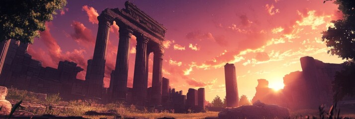 Twilight of Ancient Ruins: A Dreamy anime-style Historical Landmark Illuminated by the Enchantment of Dusk, Featured on the History Channel,Anime-Style,illustration,Picture BooksFor Poster,Novel,UI,WE