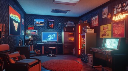 Retro Gaming Room 90s Interior. Generative AI. 8k Realistic