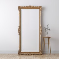 A grand gold mirror is displayed against a smooth white wall, creating a striking contrast and a sense of sophistication.
