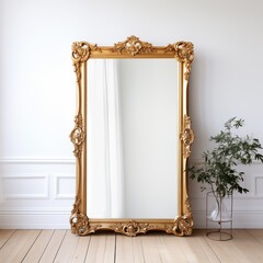 A gold mirror reflects light in a bright white room, complemented by a lush green plant nearby.