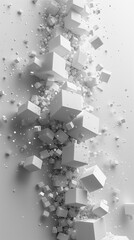 White cubes scattered in a dynamic cascade creating an abstract minimalistic composition.
