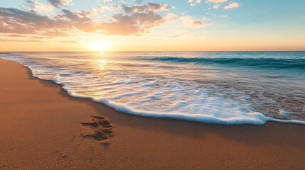 Beach sunset with parallax, where waves gently wash over the sand, creating an atmosphere of tranquility.