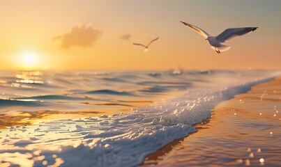 Naklejka premium summer beach scene with waves and beautiful sun sky view Generate AI
