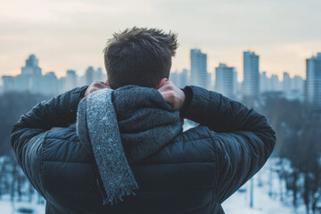 Closeup Backside View of a Person Adjusting a Scarf Overlooking a Snowy Urban Skyline