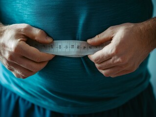 Man measuring waist for weight management program in a detailed and focused photography shot