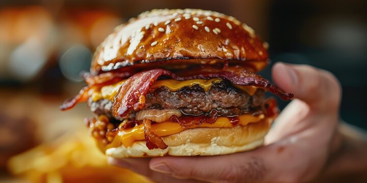Hand holding a double smash burger with crispy bacon cheddar cheese and onions