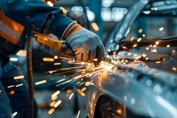 Expert auto repair  skilled mechanic removes dents and defects, grinds car body   banner