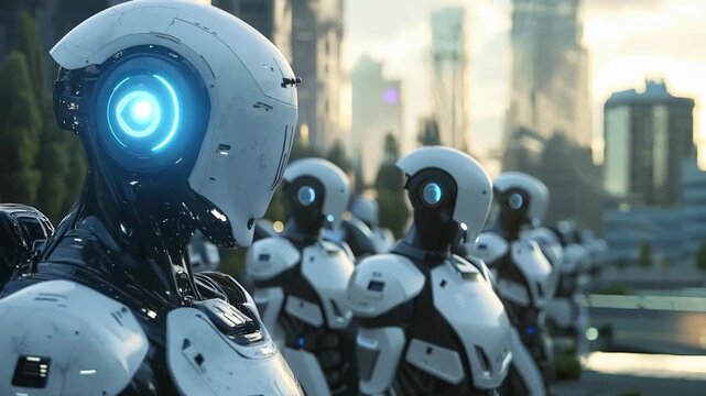 many  white robots with light glow standing at street with data floating around, futuristic Ai force concept